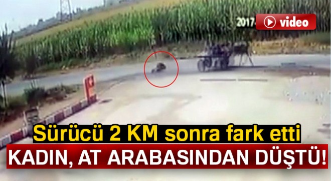 Kadın düştü, at arabası yoluna devam etti