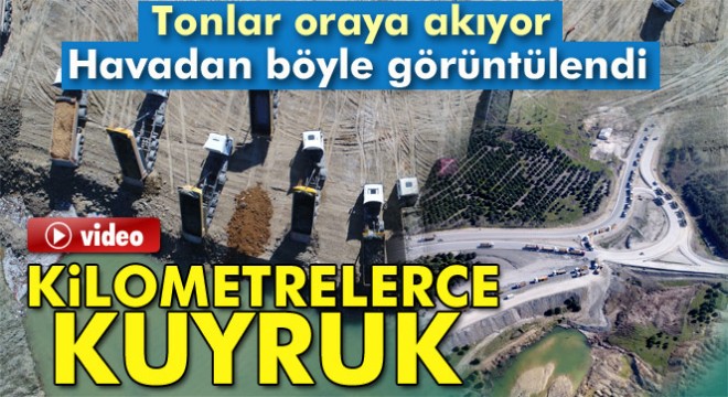 Kilometrelerce hafriyat kamyonu kuyruğu havadan görüntüledi